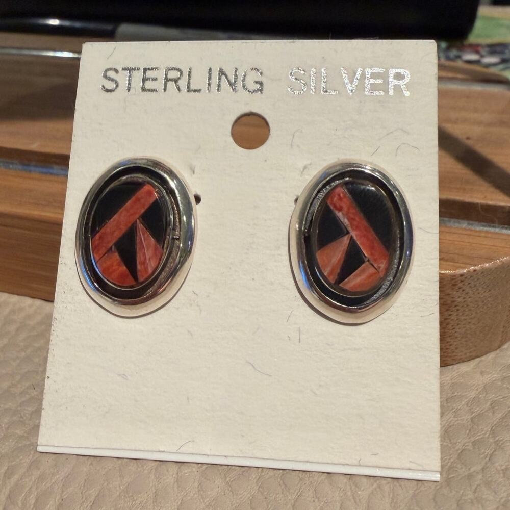 Sterling Silver Southwest Inlay Oval Stud Earrings Red Black Geometric